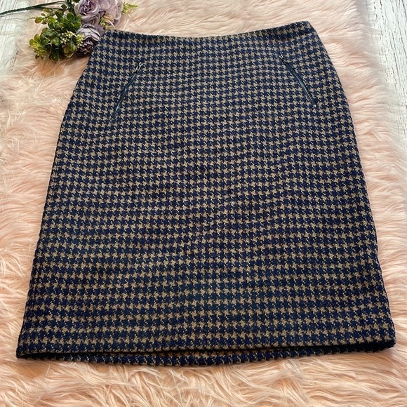 J. McLaughlin Brown Navy Wool Houndstooth Pencil Skirt - Picture 1 of 9